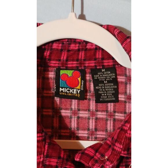 Mickey Unlimited Womens Medium Red Plaid Flannel Button Down Shirt Mickey Mouse - Picture 3 of 11